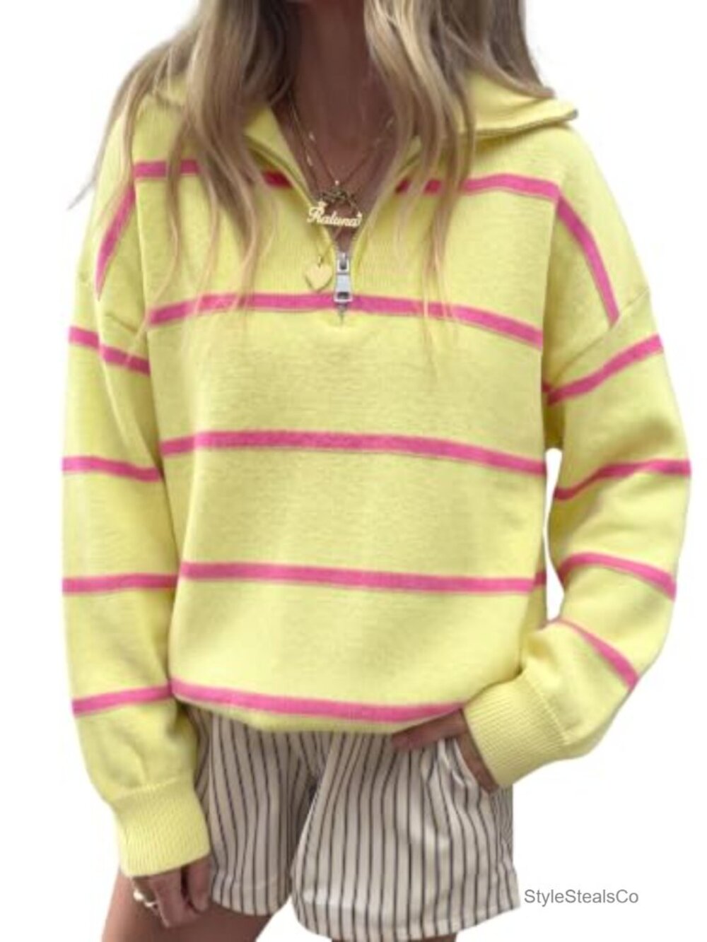 Striped Quarter Zip Sweater Oversized Turtleneck Pullover